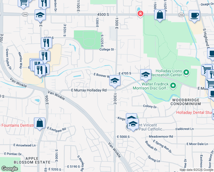 map of restaurants, bars, coffee shops, grocery stores, and more near 1245 East Murray Holladay Road in Salt Lake City