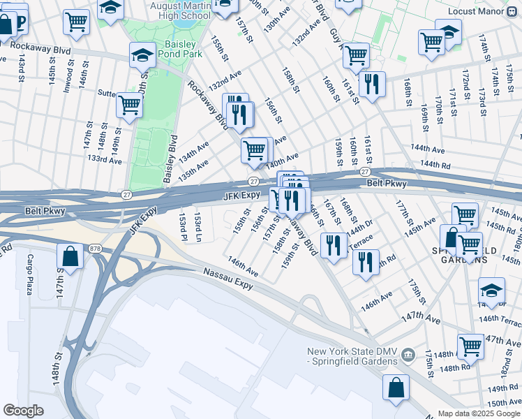 map of restaurants, bars, coffee shops, grocery stores, and more near 144-18 156th Street in Queens