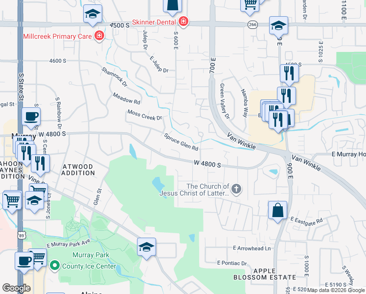 map of restaurants, bars, coffee shops, grocery stores, and more near 594 East Spruce Glen Road in Murray