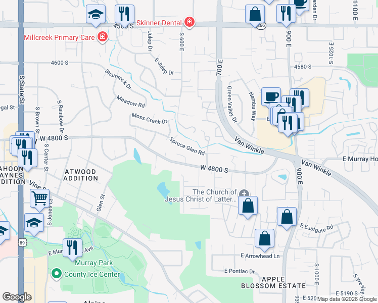 map of restaurants, bars, coffee shops, grocery stores, and more near 594 East Spruce Glen Road in Murray