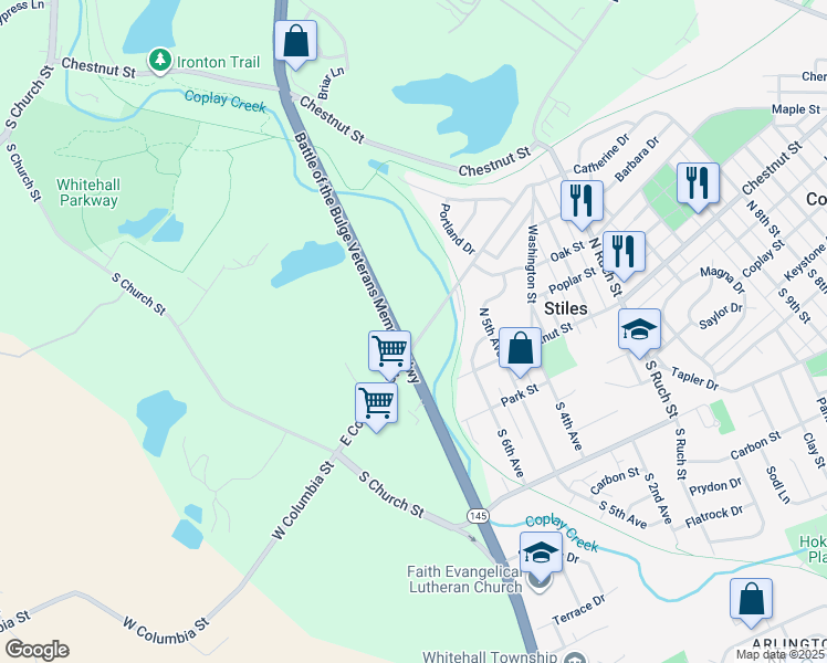 map of restaurants, bars, coffee shops, grocery stores, and more near 3629 East Columbia Street in Lehigh County