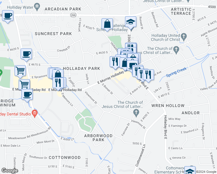 map of restaurants, bars, coffee shops, grocery stores, and more near 4749-4763 East Bonair Street in Holladay