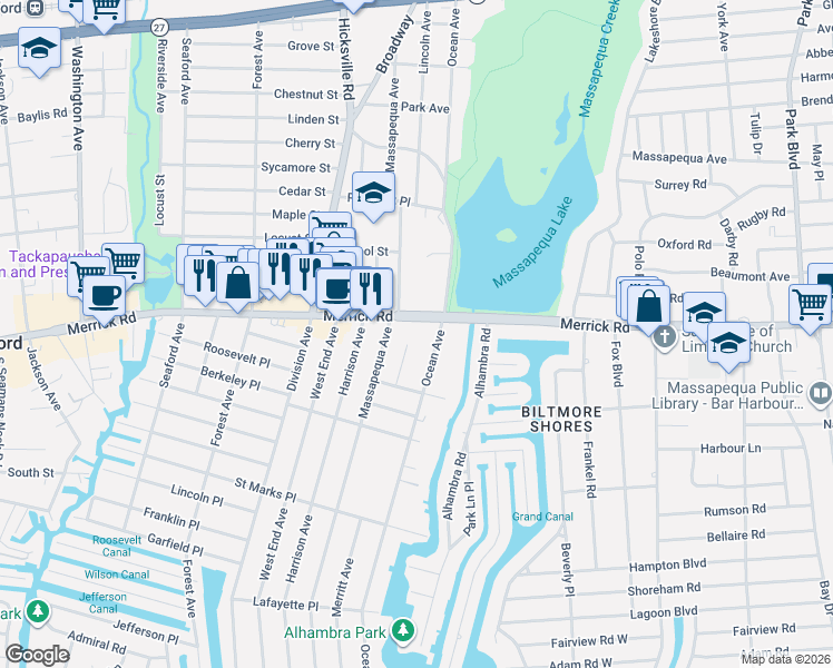 map of restaurants, bars, coffee shops, grocery stores, and more near in Massapequa