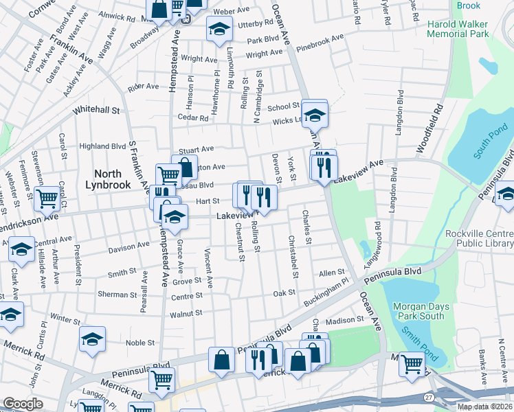 map of restaurants, bars, coffee shops, grocery stores, and more near 170 Rolling Street in Malverne