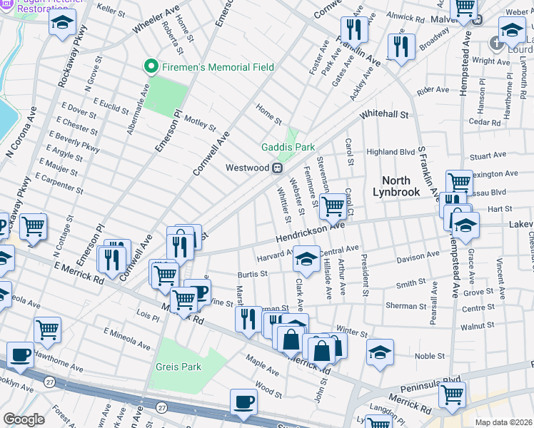 map of restaurants, bars, coffee shops, grocery stores, and more near 49 Hawthorne Street in Lynbrook