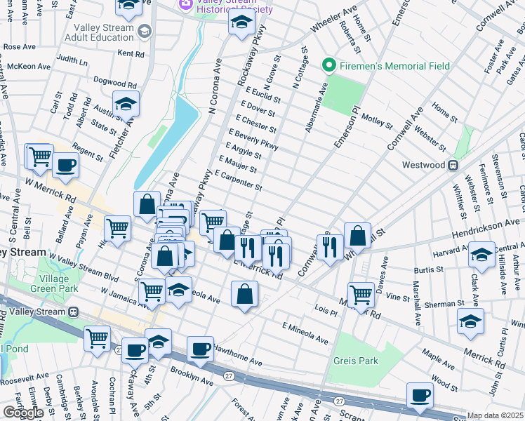 map of restaurants, bars, coffee shops, grocery stores, and more near 81 North Cottage Street in Valley Stream