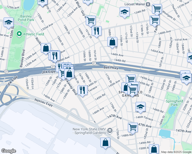 map of restaurants, bars, coffee shops, grocery stores, and more near 144-23 175th Street in Queens