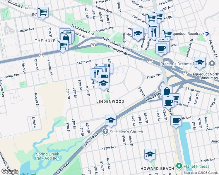 map of restaurants, bars, coffee shops, grocery stores, and more near 79-20 153rd Avenue in Queens