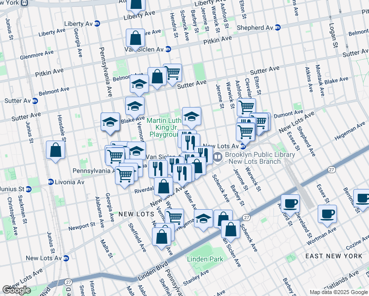 map of restaurants, bars, coffee shops, grocery stores, and more near 529 Van Siclen Avenue in Brooklyn