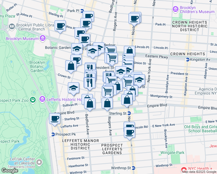 map of restaurants, bars, coffee shops, grocery stores, and more near 188 Crown Street in Brooklyn