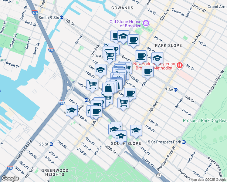 map of restaurants, bars, coffee shops, grocery stores, and more near 530 5th Avenue in Brooklyn
