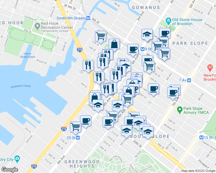 map of restaurants, bars, coffee shops, grocery stores, and more near 84 16th Street in Brooklyn