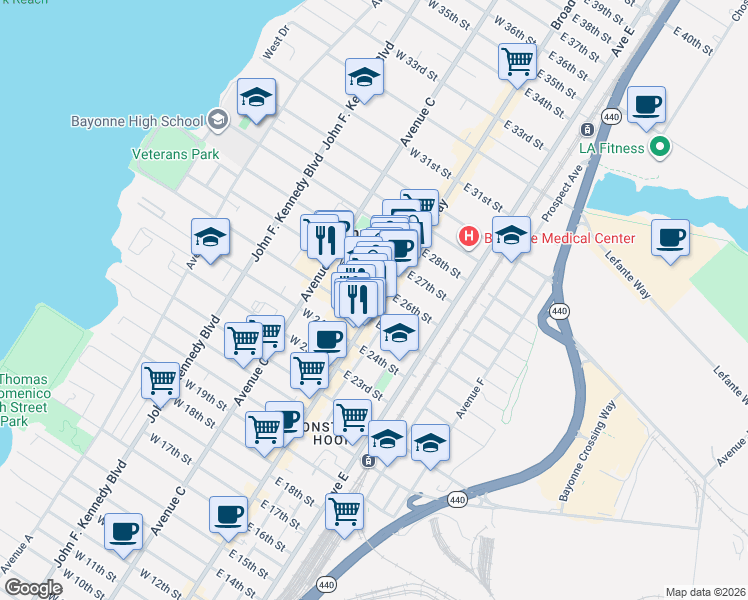 map of restaurants, bars, coffee shops, grocery stores, and more near 565 Broadway in Bayonne