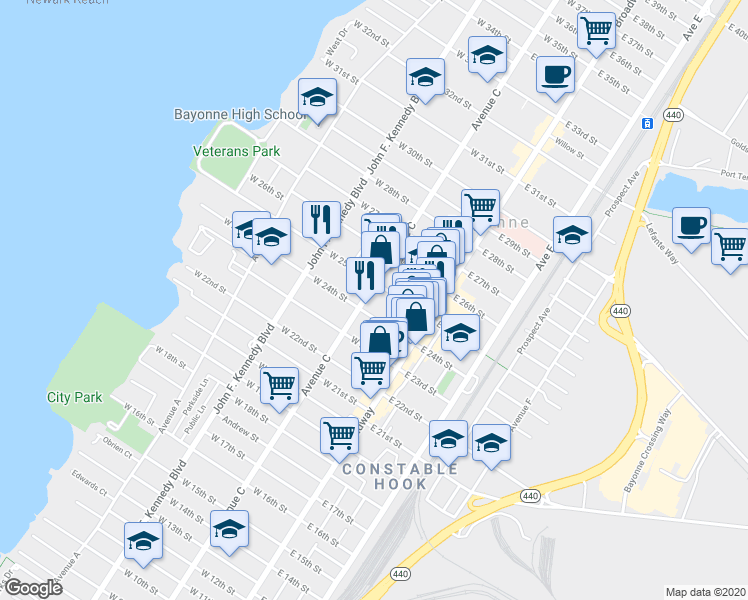 map of restaurants, bars, coffee shops, grocery stores, and more near 557 Avenue C in Bayonne