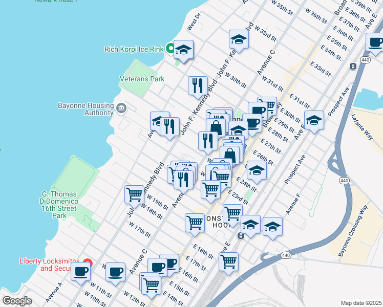 map of restaurants, bars, coffee shops, grocery stores, and more near 81-83 East 24th Street in Bayonne