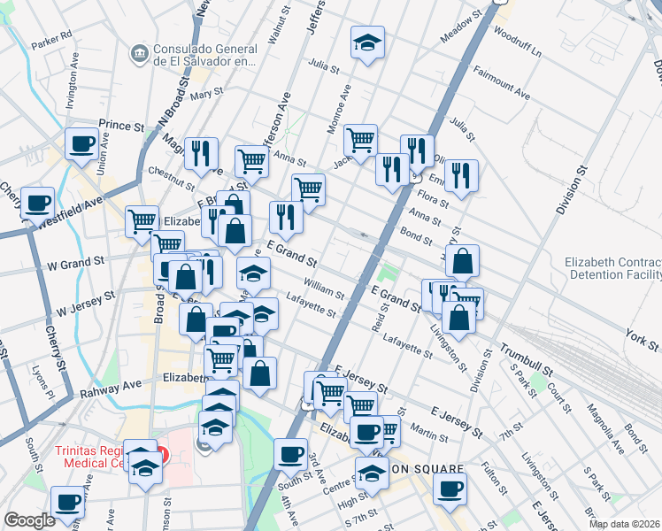 map of restaurants, bars, coffee shops, grocery stores, and more near 211 Catherine Street in Elizabeth