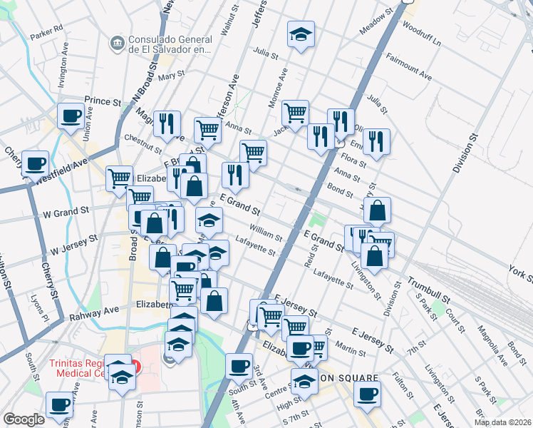 map of restaurants, bars, coffee shops, grocery stores, and more near 211 Catherine Street in Elizabeth