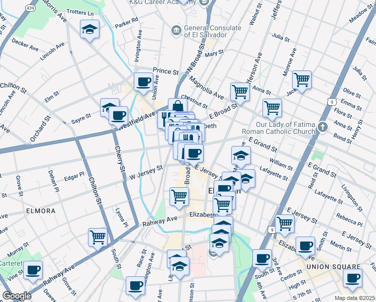map of restaurants, bars, coffee shops, grocery stores, and more near 142 Broad Street in Elizabeth