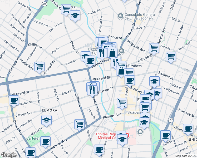 map of restaurants, bars, coffee shops, grocery stores, and more near 79 West Grand Street in Elizabeth