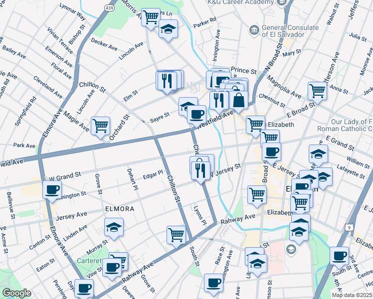 map of restaurants, bars, coffee shops, grocery stores, and more near 117 West Grand Street in Elizabeth