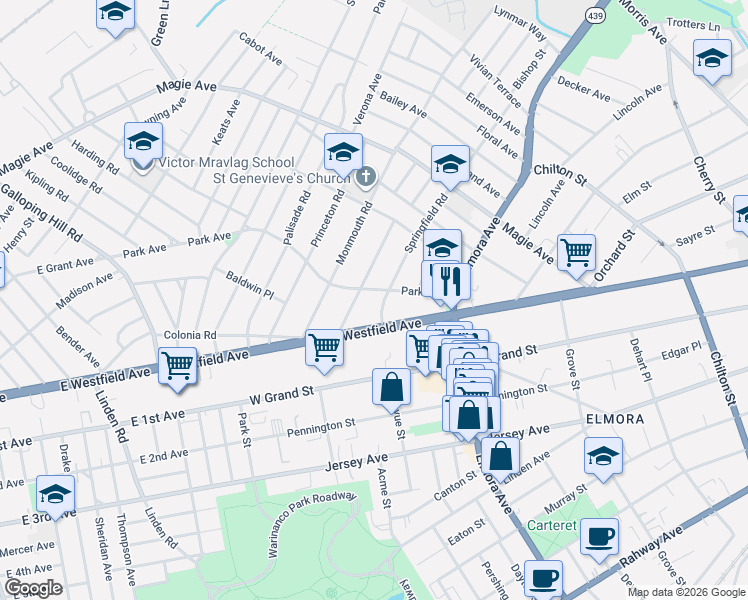 map of restaurants, bars, coffee shops, grocery stores, and more near 712 Park Avenue in Elizabeth