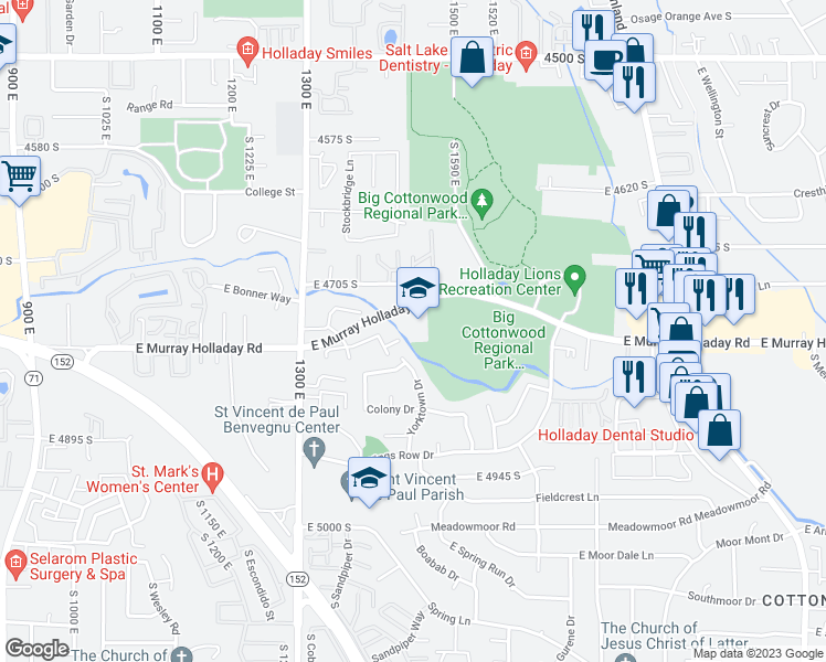 map of restaurants, bars, coffee shops, grocery stores, and more near 1458 East Murray Holladay Road in Holladay