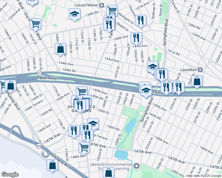map of restaurants, bars, coffee shops, grocery stores, and more near 144-33 180th Street in Queens
