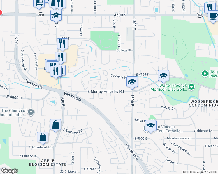 map of restaurants, bars, coffee shops, grocery stores, and more near 1173 East Murray Holladay Road in Millcreek