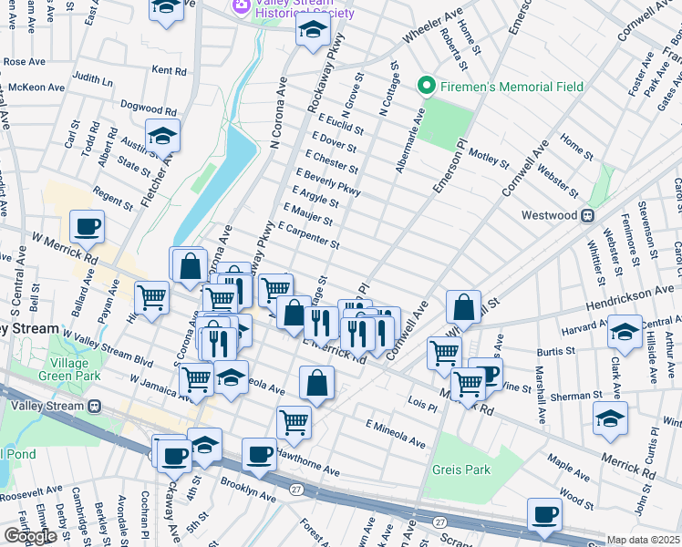 map of restaurants, bars, coffee shops, grocery stores, and more near 81 North Cottage Street in Valley Stream