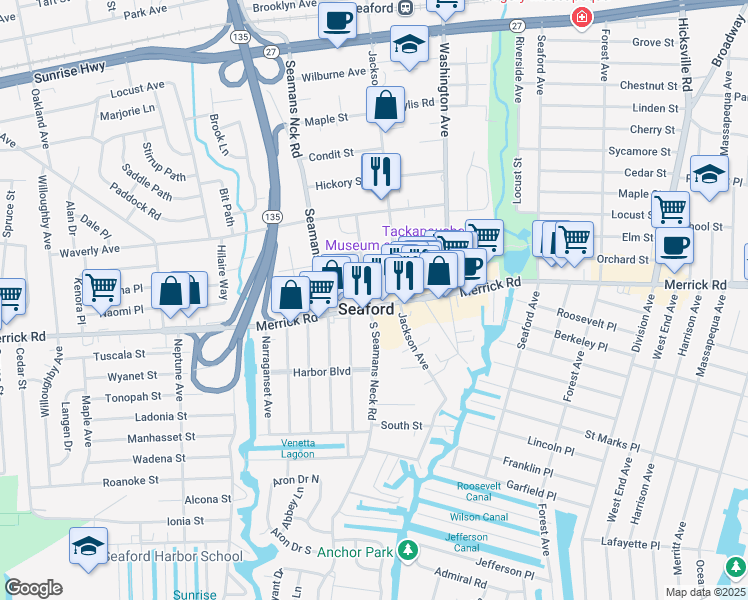 map of restaurants, bars, coffee shops, grocery stores, and more near 3860 Merrick Road in Seaford