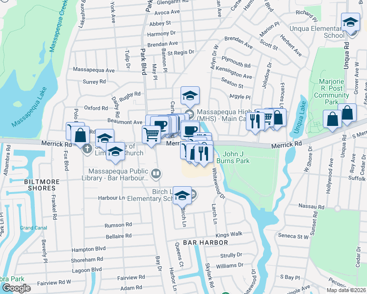 map of restaurants, bars, coffee shops, grocery stores, and more near 66 Southgate Circle in Massapequa Park