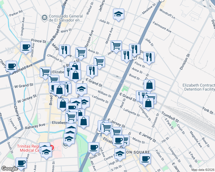 map of restaurants, bars, coffee shops, grocery stores, and more near 211 Catherine Street in Elizabeth