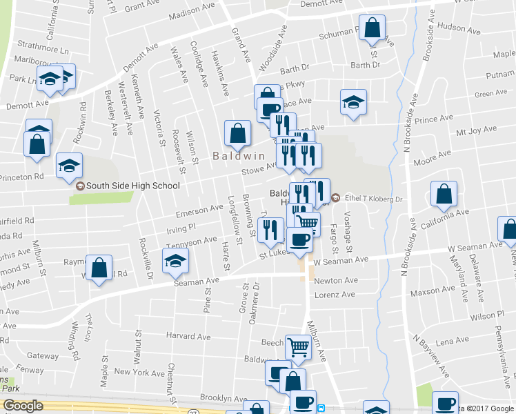 map of restaurants, bars, coffee shops, grocery stores, and more near 1834 Twain Street in Baldwin