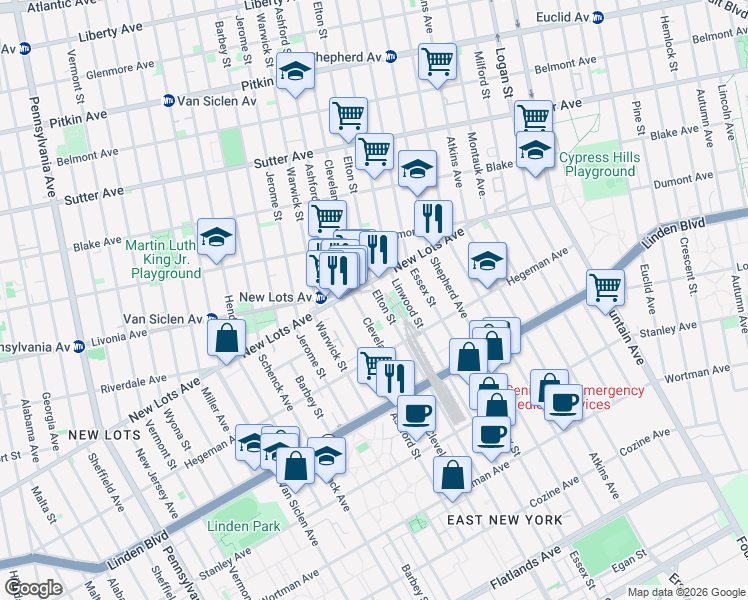 map of restaurants, bars, coffee shops, grocery stores, and more near 672 Elton Street in Brooklyn