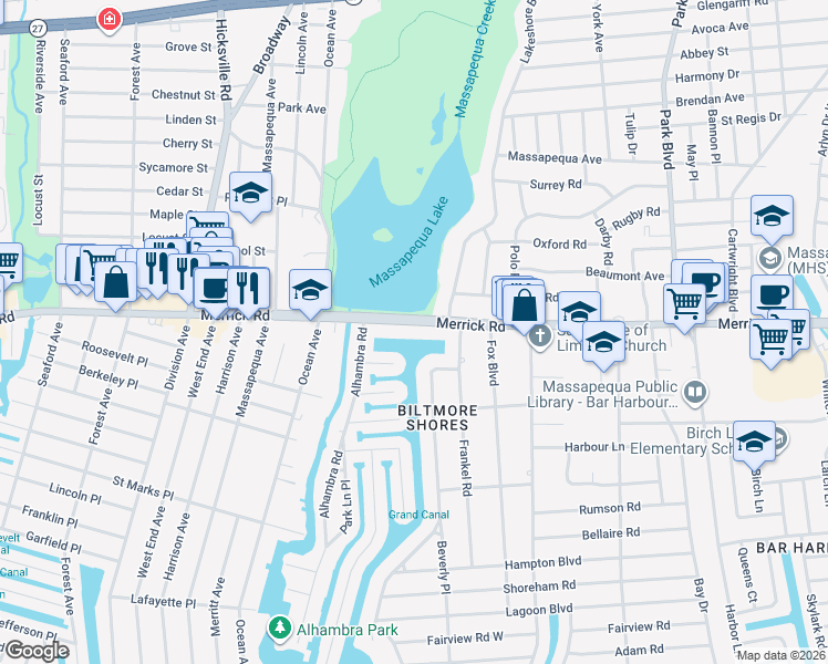map of restaurants, bars, coffee shops, grocery stores, and more near in Massapequa