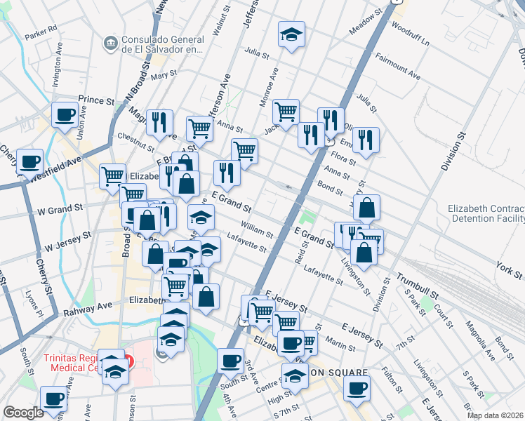map of restaurants, bars, coffee shops, grocery stores, and more near 211 Catherine Street in Elizabeth