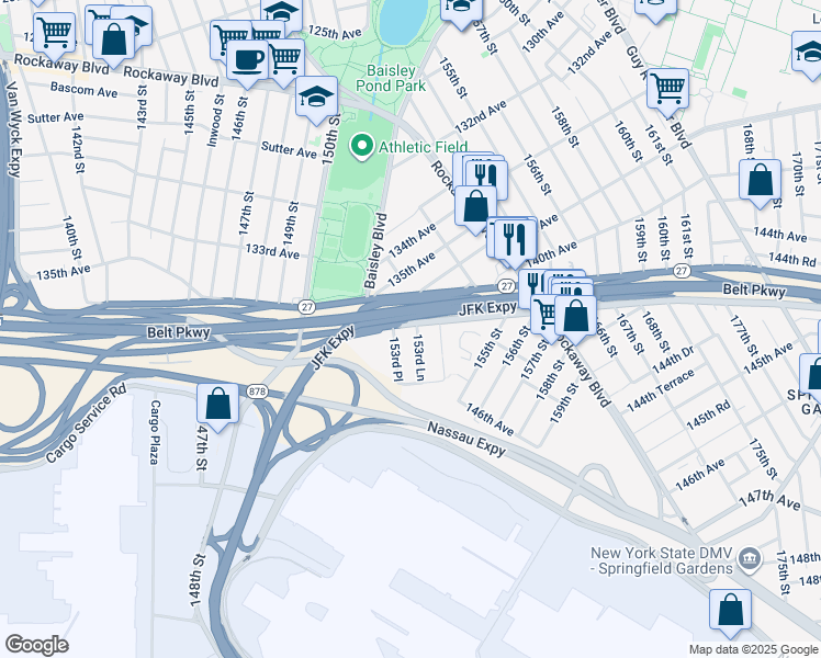 map of restaurants, bars, coffee shops, grocery stores, and more near 144-08 153rd Lane in Queens