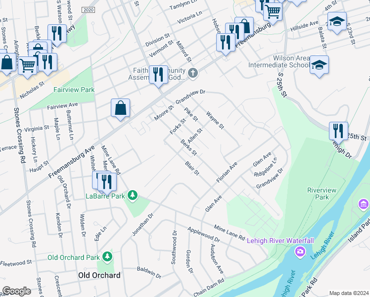 map of restaurants, bars, coffee shops, grocery stores, and more near 301 Berks Street in Easton