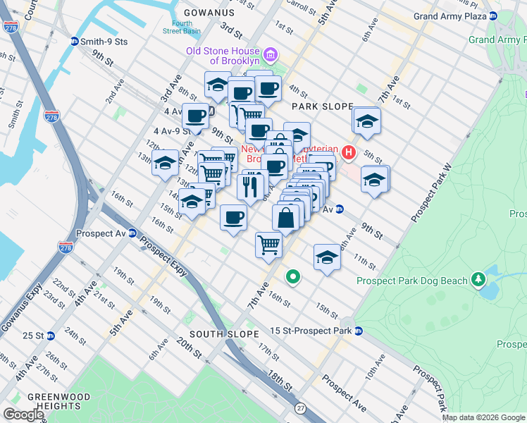 map of restaurants, bars, coffee shops, grocery stores, and more near 353 12th Street in Brooklyn