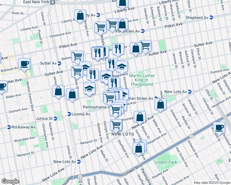 map of restaurants, bars, coffee shops, grocery stores, and more near 666 Dumont Avenue in Brooklyn