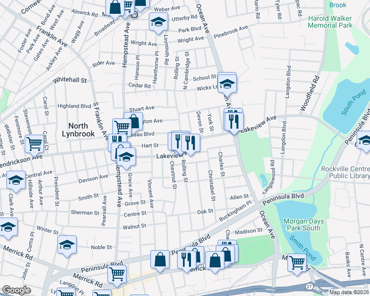 map of restaurants, bars, coffee shops, grocery stores, and more near 170 Rolling Street in Malverne