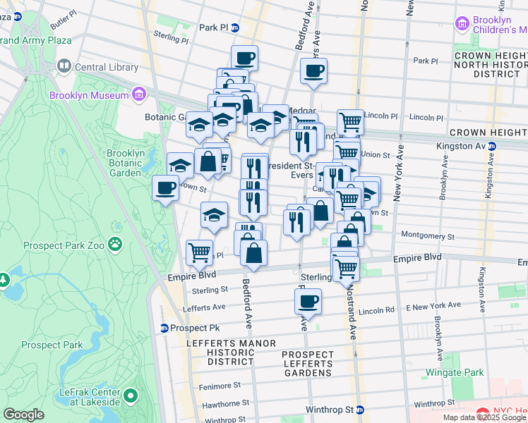 map of restaurants, bars, coffee shops, grocery stores, and more near 132 Crown Street in Brooklyn
