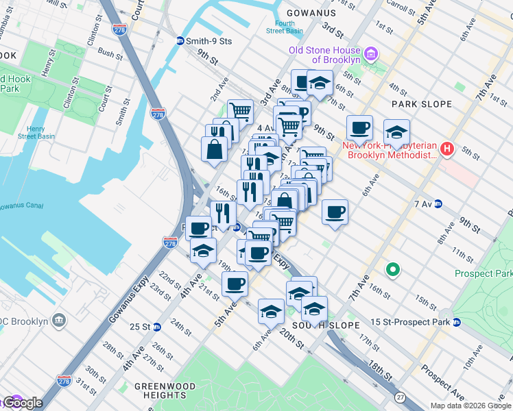 map of restaurants, bars, coffee shops, grocery stores, and more near 553 4th Avenue in Brooklyn
