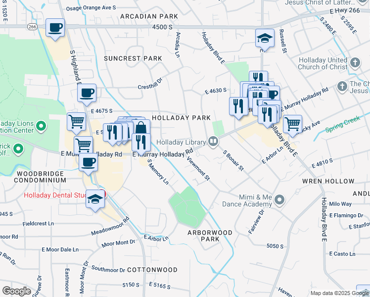 map of restaurants, bars, coffee shops, grocery stores, and more near 2101 East Murray Holladay Road in Salt Lake City