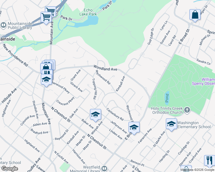 map of restaurants, bars, coffee shops, grocery stores, and more near 425 Wychwood Road in Westfield