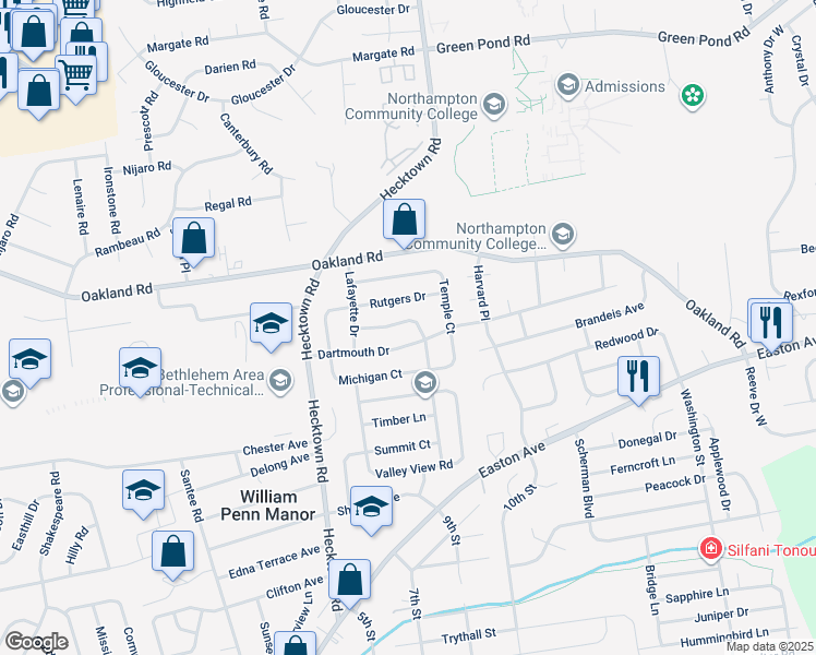 map of restaurants, bars, coffee shops, grocery stores, and more near 3594 Moravian Court in Bethlehem