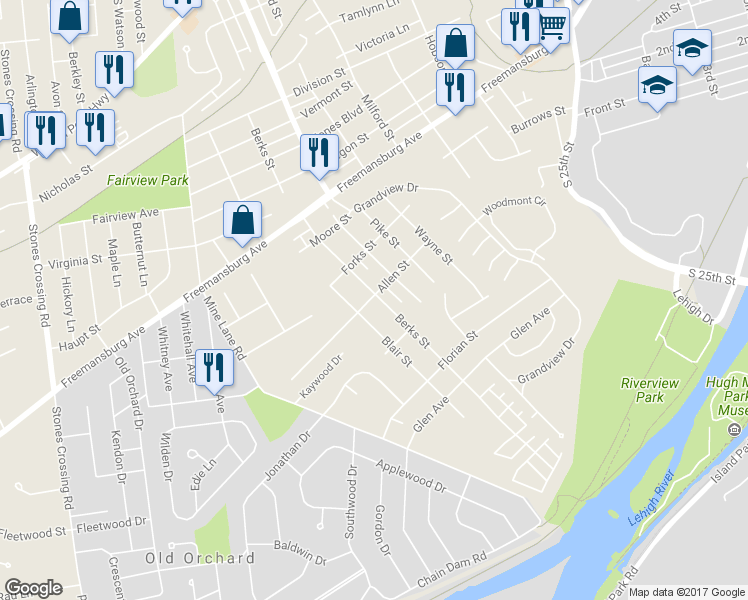 map of restaurants, bars, coffee shops, grocery stores, and more near 301 Berks Street in Easton