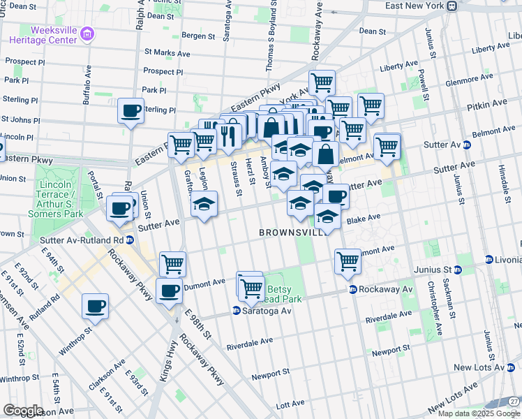 map of restaurants, bars, coffee shops, grocery stores, and more near 188 Sutter Avenue in Brooklyn