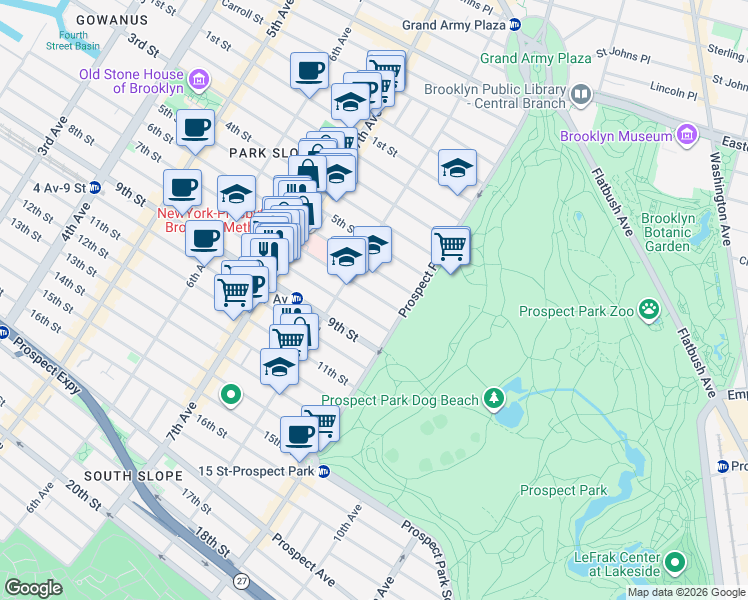 map of restaurants, bars, coffee shops, grocery stores, and more near 581 7th Street in Brooklyn