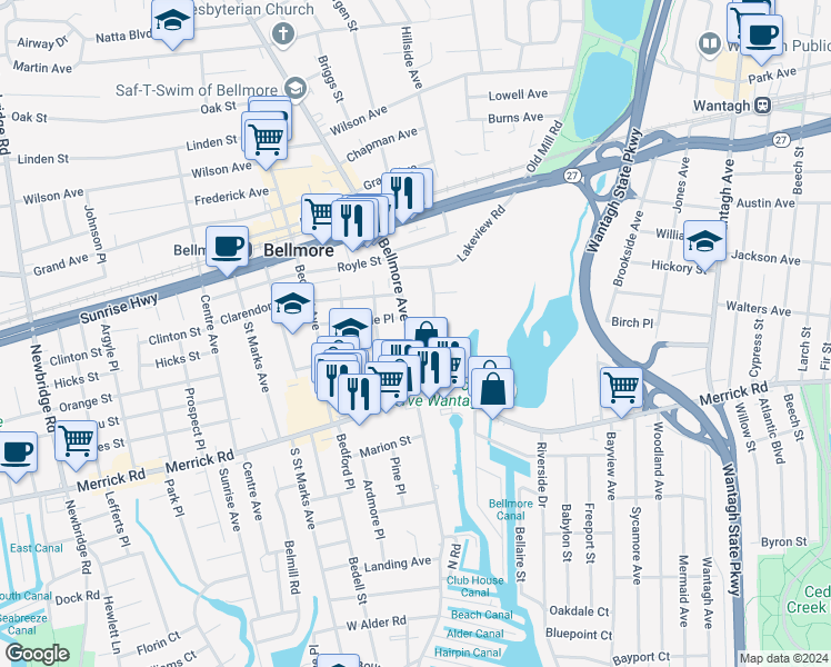 map of restaurants, bars, coffee shops, grocery stores, and more near 2359 Bellmore Avenue in Bellmore